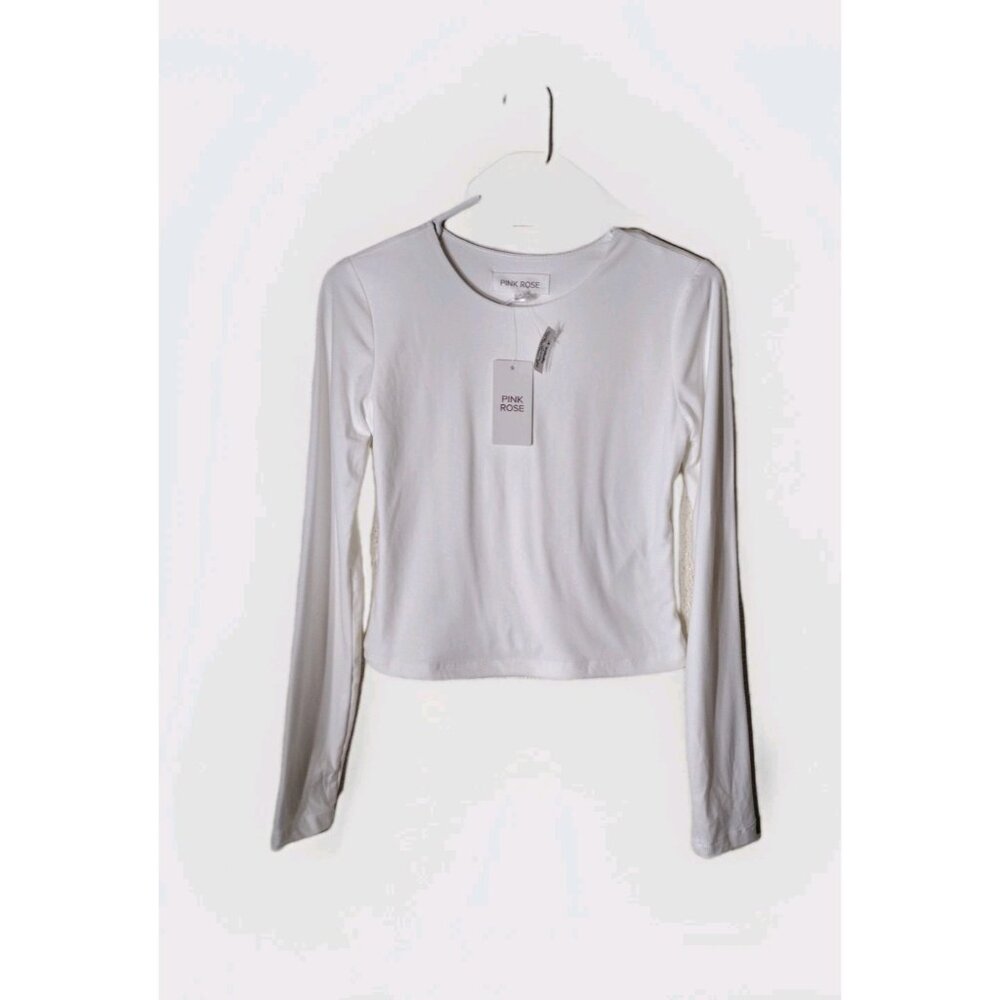 Pink Rose Top Medium Cropped Long Sleeve Ivory